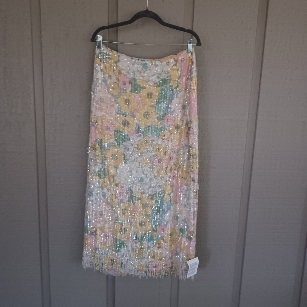 ASOS Pastel Floral Print Sequin Skirt Kick Slit Women Size 10
